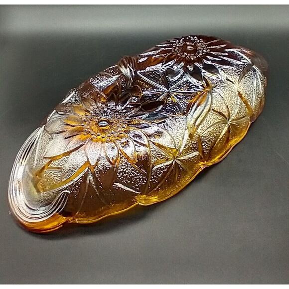 VTG Indiana Glass Carnival Marigold Sunflower Oval Celery Relish Dish 9.25" - Picture 4 of 10